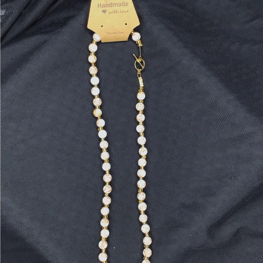 Handmade White and Gold Beaded Necklace, Earring, & Bracelet Set